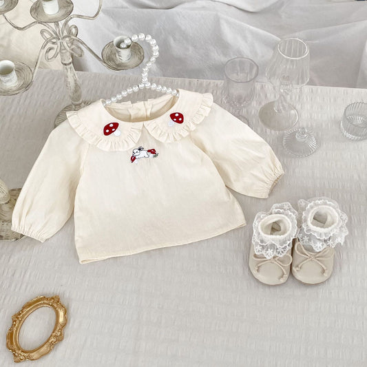 Autumn Arrival Baby Kids Girls Comfortable Simple Rabbits and Vegetable Pattern Long Sleeves Top Shirt with Collar-0