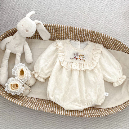 Spring Arrival Baby Girls Long Sleeves Floral Embroidered Bodysuits Onesies-5