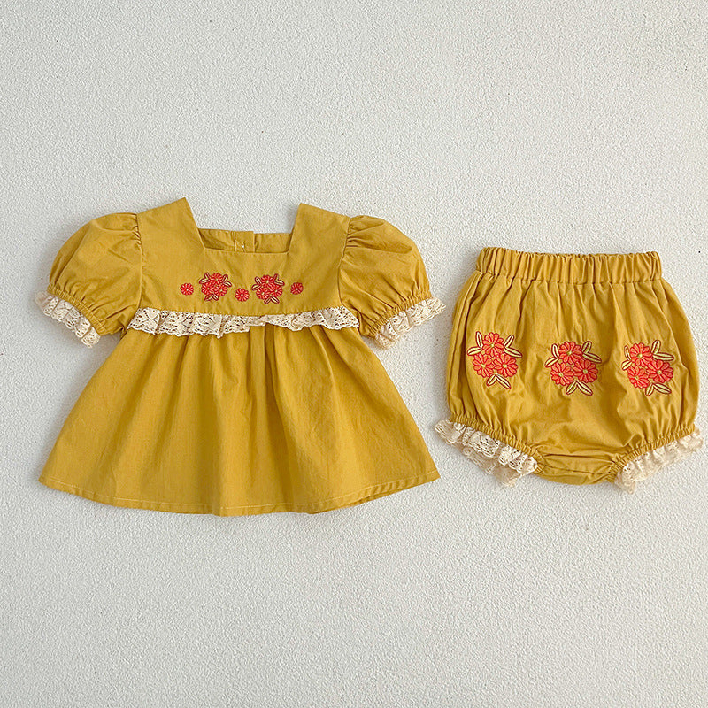Arrival Summer Baby Kids Girls Flowers Pattern Embroidery Short Sleeves Square Neck Dress And Bloomers Sets And bodysuit – Princess Sister Matching Set-1