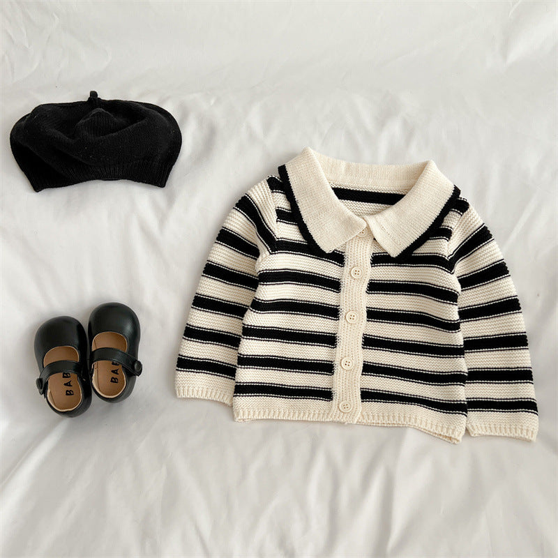 Baby Striped Pattern Lapel Knitted Cardigan or Pants-6