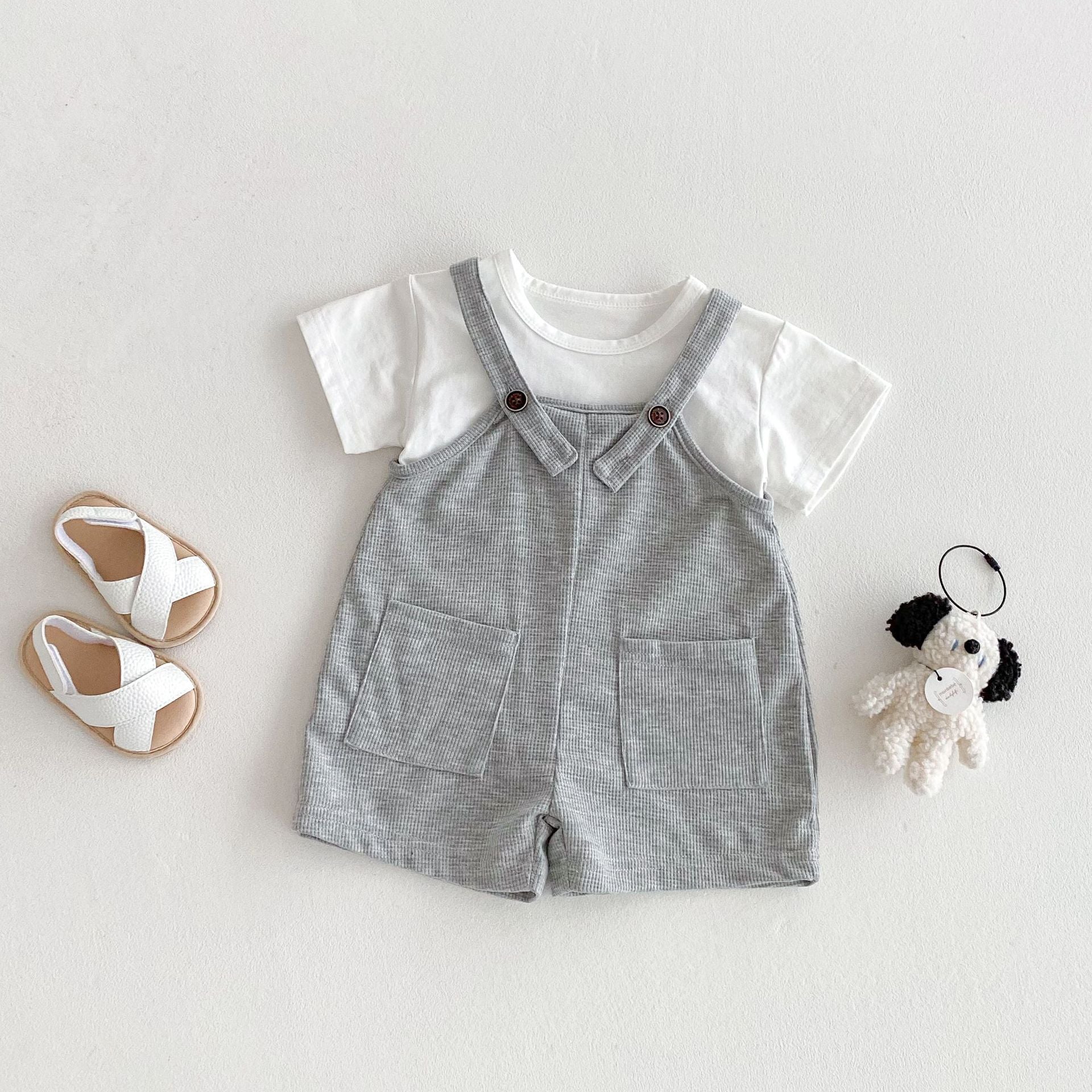 Summer Hot Selling Baby Kids Unisex Sleeveless Pocketed Grey Strap Overalls and White T-Shirt Clothing Set-0