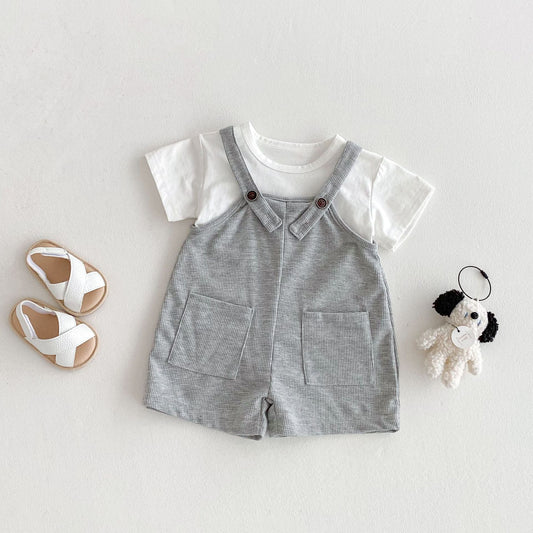 Summer Hot Selling Baby Kids Unisex Sleeveless Pocketed Grey Strap Overalls and White T-Shirt Clothing Set-0
