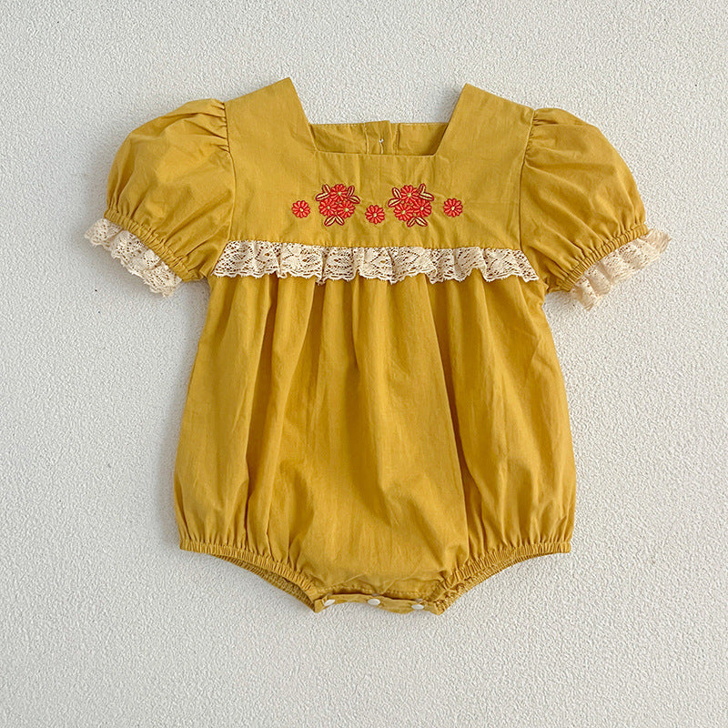 Arrival Summer Baby Kids Girls Flowers Pattern Embroidery Short Sleeves Square Neck Dress And Bloomers Sets And bodysuit – Princess Sister Matching Set-4