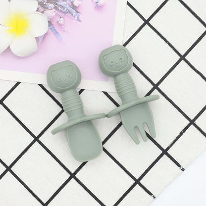 Baby Bear Pattern Complementary Food Training Lovely Silicone Spoon Fork Sets-9